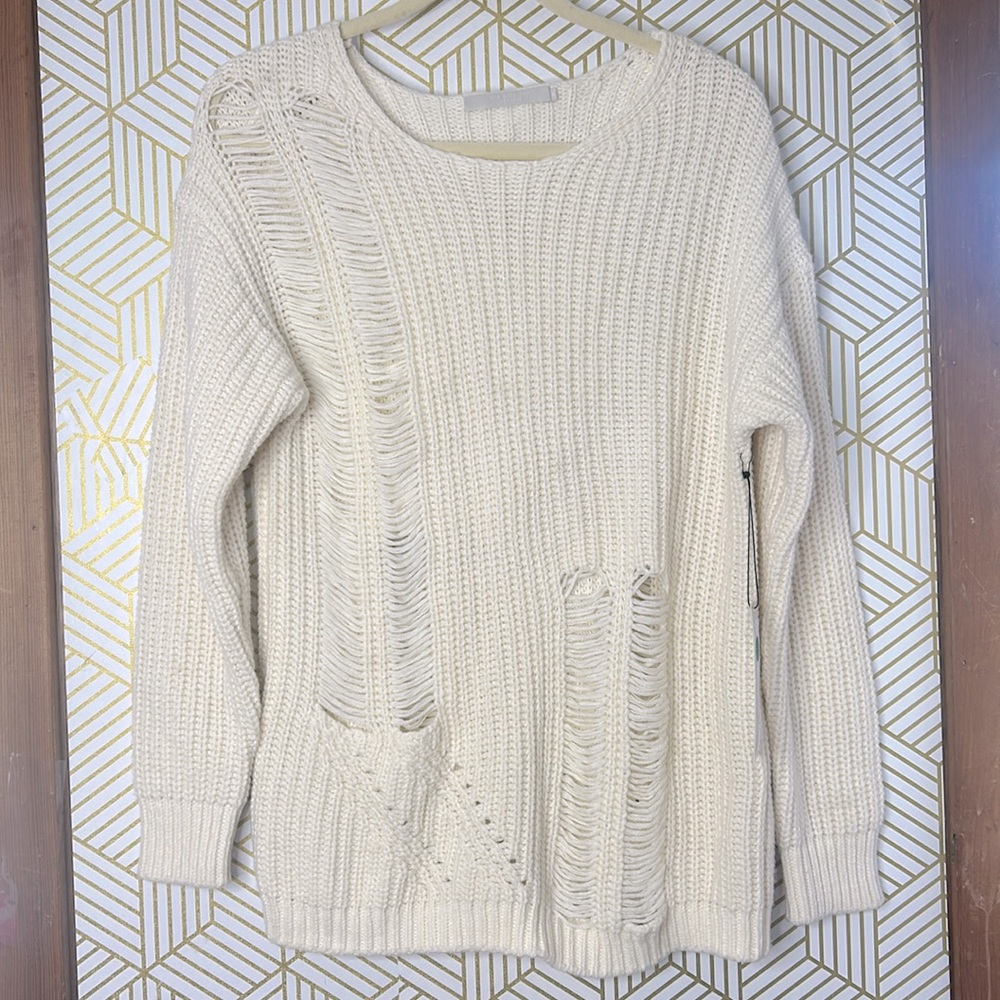 REVOLVE Cream Distressed Knit Sweater